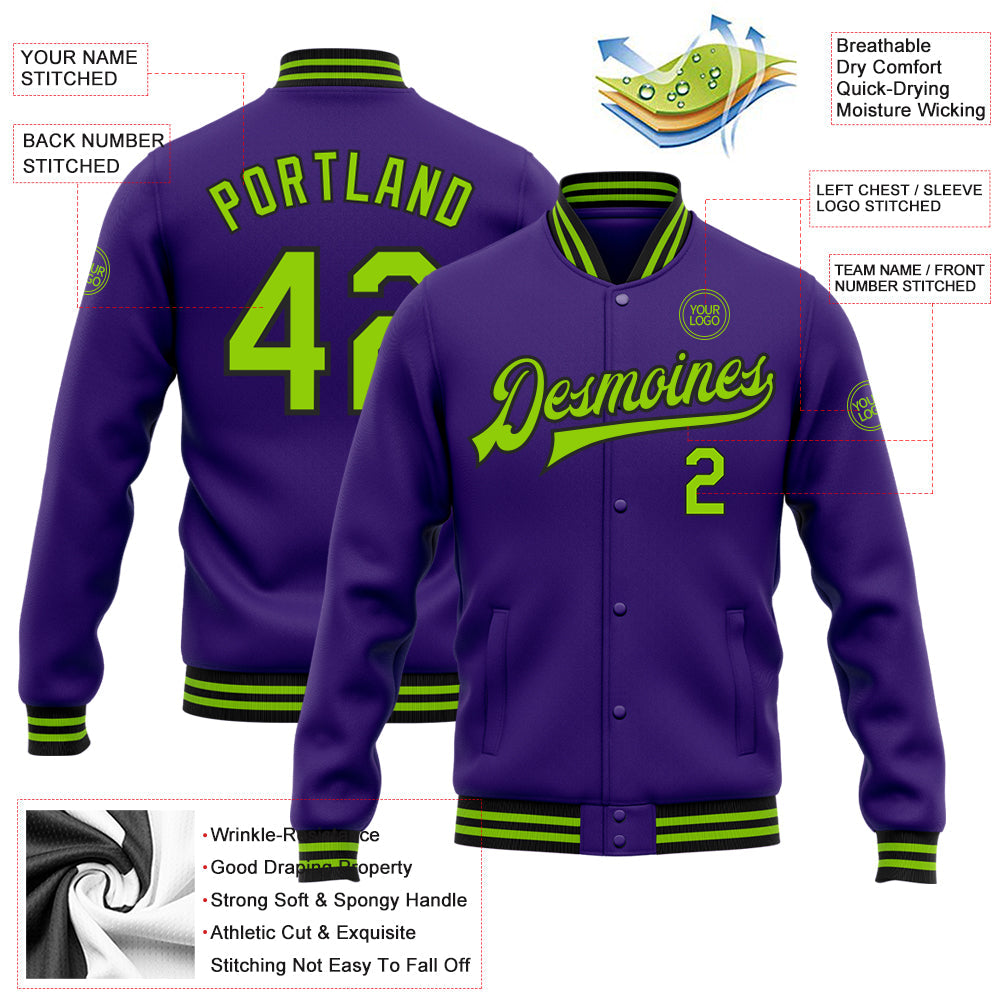 Custom Purple Neon Green-Black Bomber Full-Snap Varsity Letterman Jacket view 5