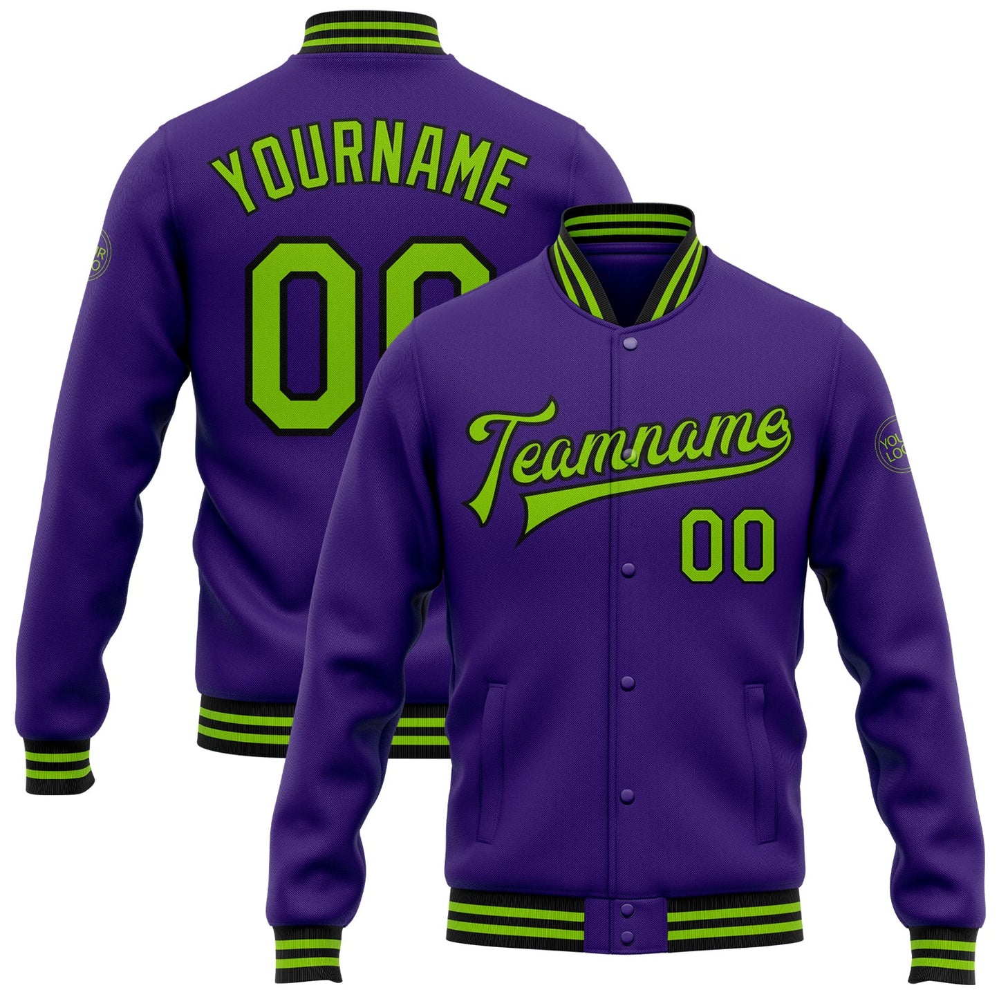 Custom Purple Neon Green-Black Bomber Full-Snap Varsity Letterman Jacket - Main View