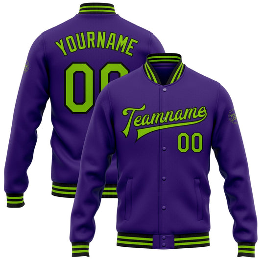 Custom Purple Neon Green-Black Bomber Full-Snap Varsity Letterman Jacket - Main View
