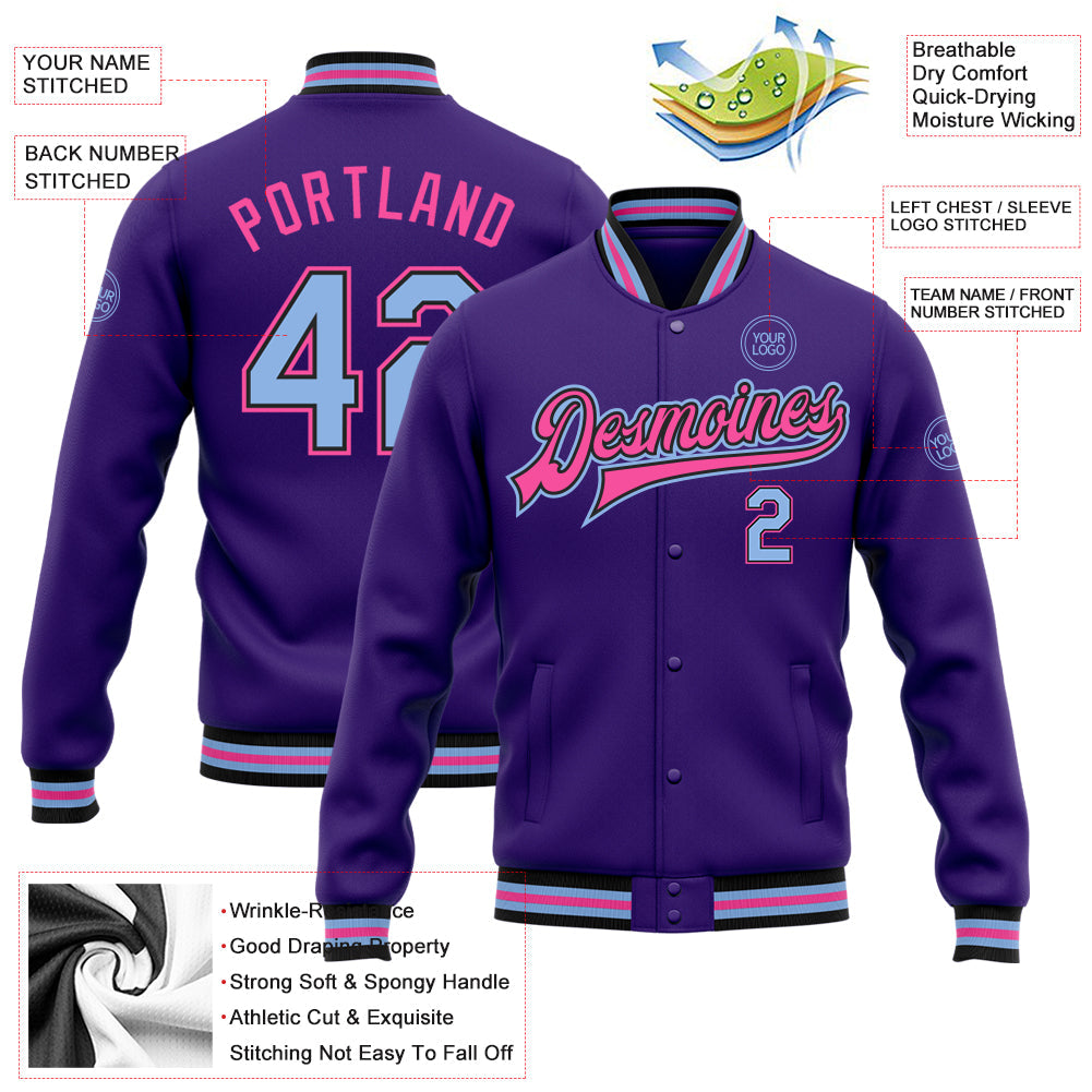 Custom Purple Light Blue Black-Pink Bomber Full-Snap Varsity Letterman Jacket view 5