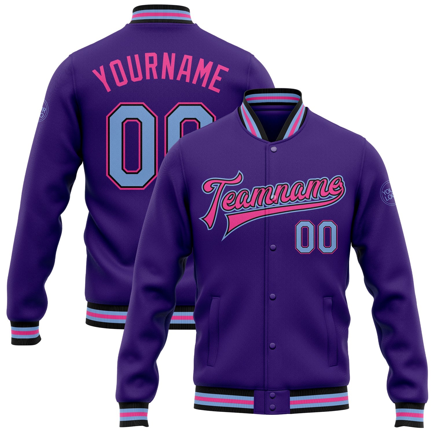 Custom Purple Light Blue Black-Pink Bomber Full-Snap Varsity Letterman Jacket - Main View