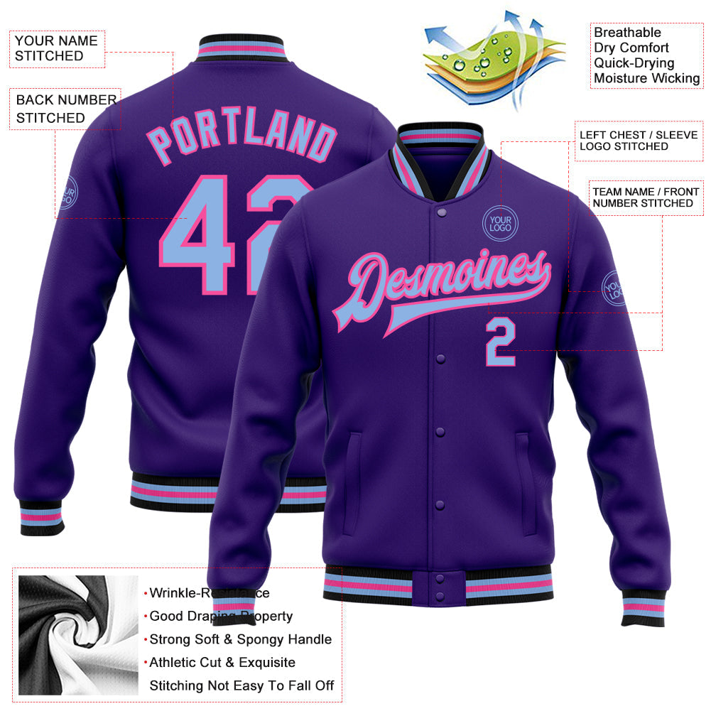Custom Purple Light Blue Pink-Black Bomber Full-Snap Varsity Letterman Jacket view 5