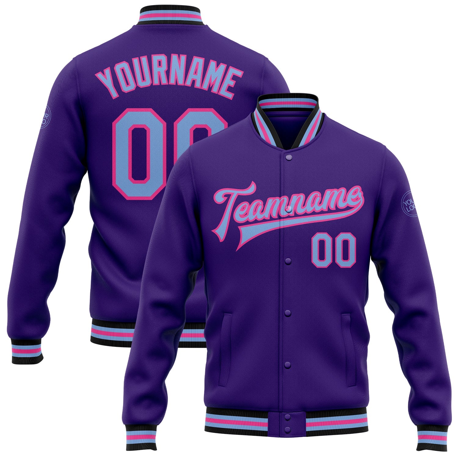 Custom Purple Light Blue Pink-Black Bomber Full-Snap Varsity Letterman Jacket - Main View