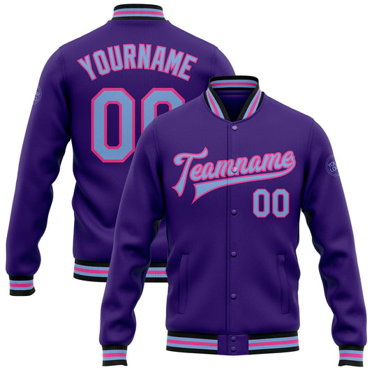 Custom Purple Light Blue Pink-Black Bomber Full-Snap Varsity Letterman Jacket - Main View
