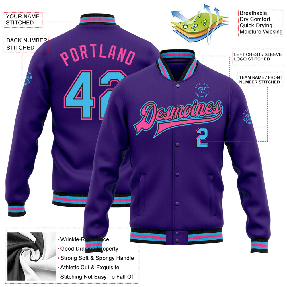 Custom Purple Sky Blue Black-Pink Bomber Full-Snap Varsity Letterman Jacket view 5