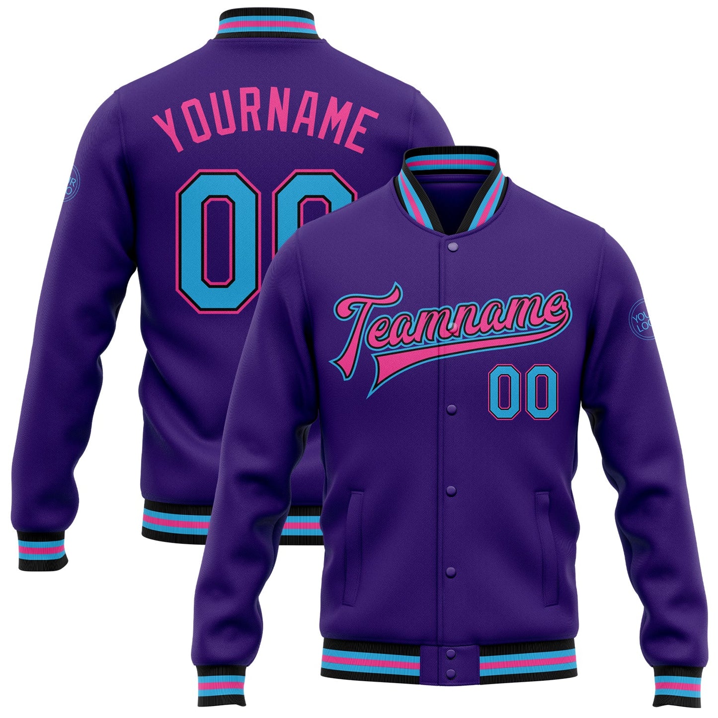 Custom Purple Sky Blue Black-Pink Bomber Full-Snap Varsity Letterman Jacket - Main View