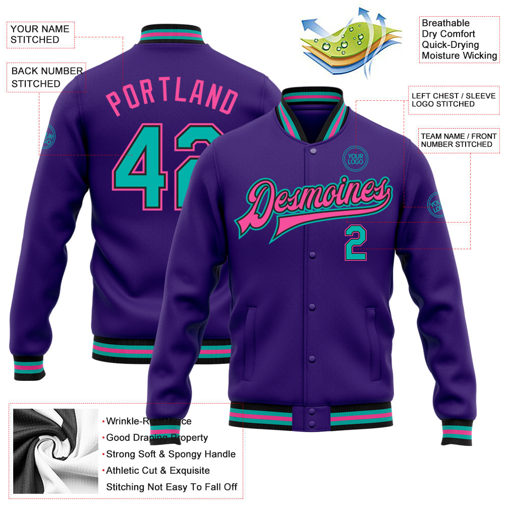 Custom Purple Aqua Black-Pink Bomber Full-Snap Varsity Letterman Jacket view 5