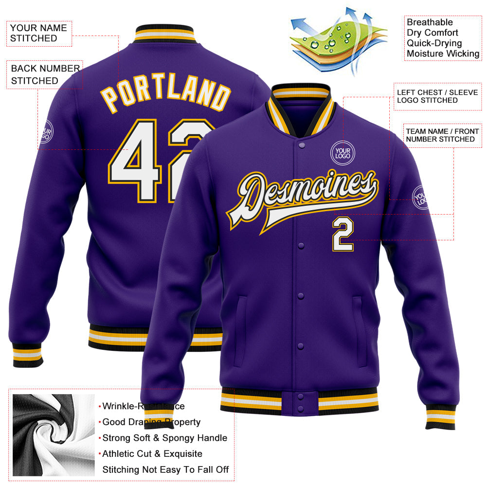 Custom Purple White Black-Gold Bomber Full-Snap Varsity Letterman Jacket view 5