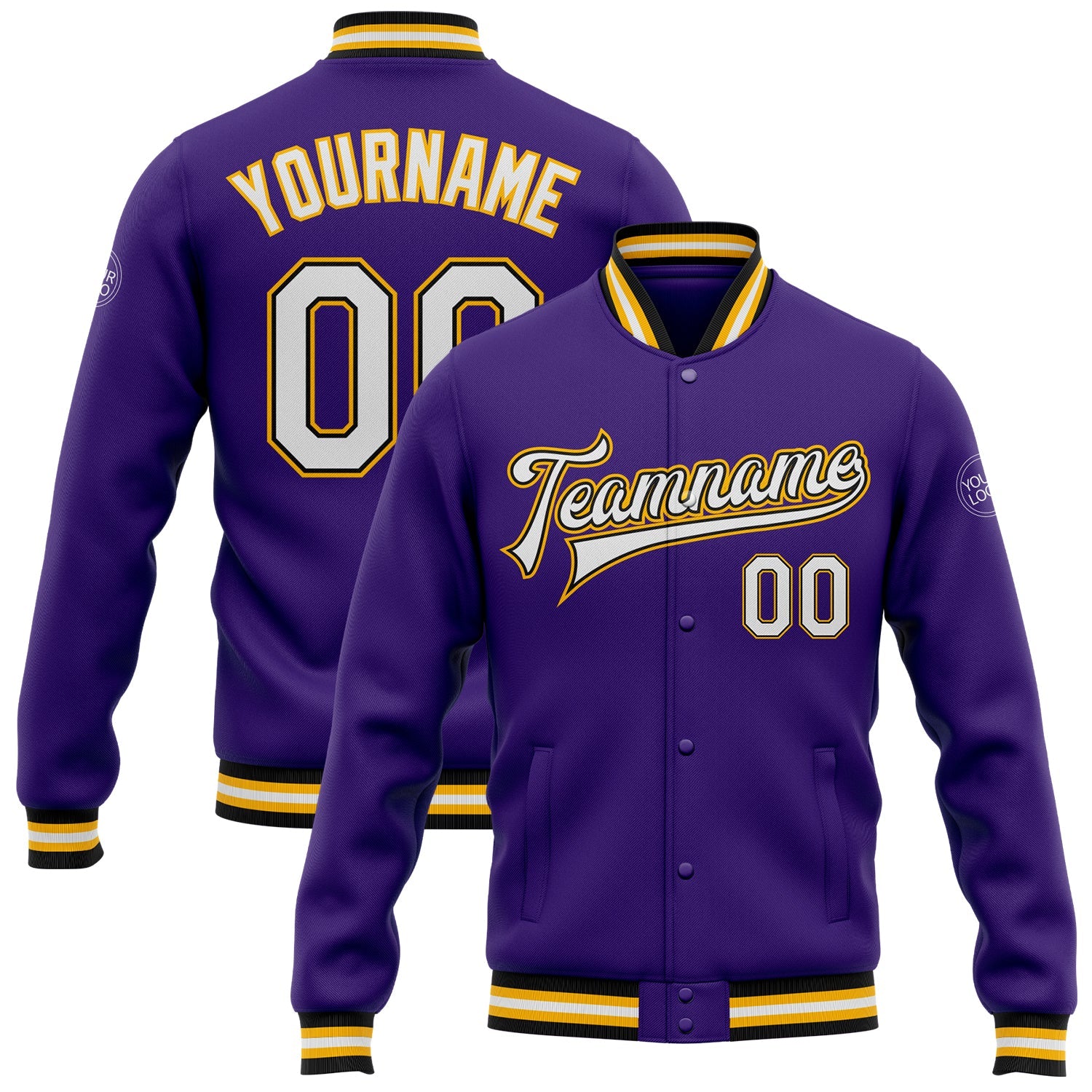 Custom Purple White Black-Gold Bomber Full-Snap Varsity Letterman Jacket - Main View