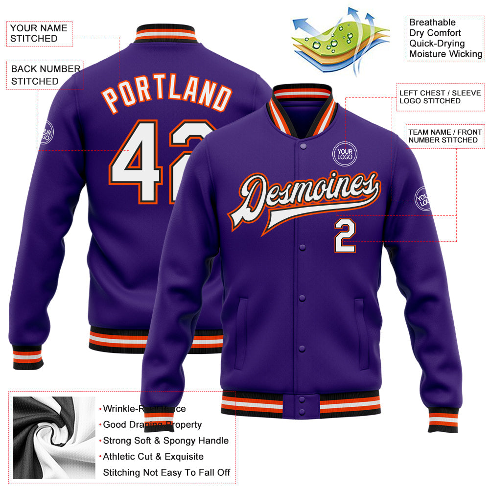 Custom Purple White Black-Orange Bomber Full-Snap Varsity Letterman Jacket view 5