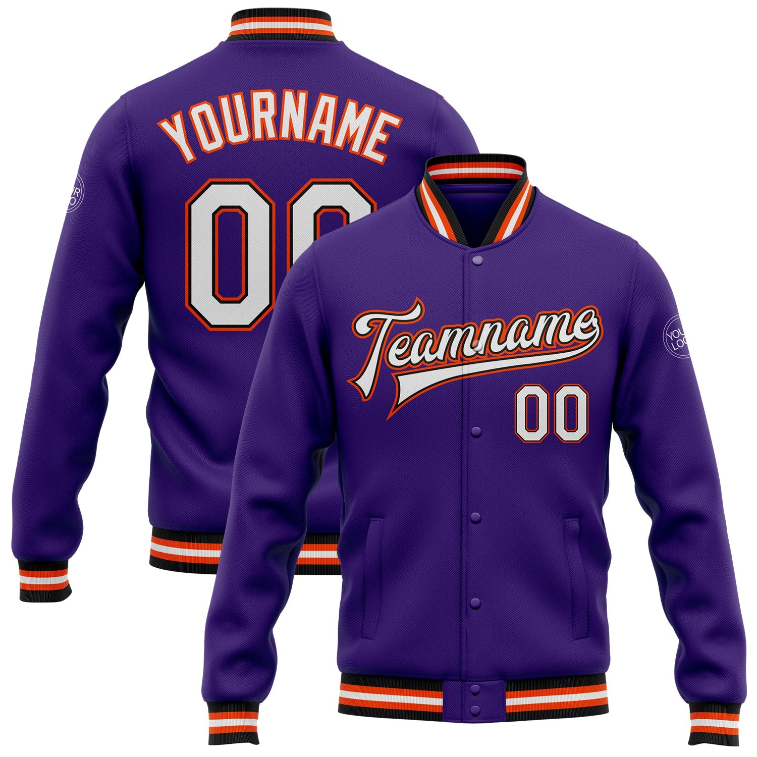Custom Purple White Black-Orange Bomber Full-Snap Varsity Letterman Jacket - Main View