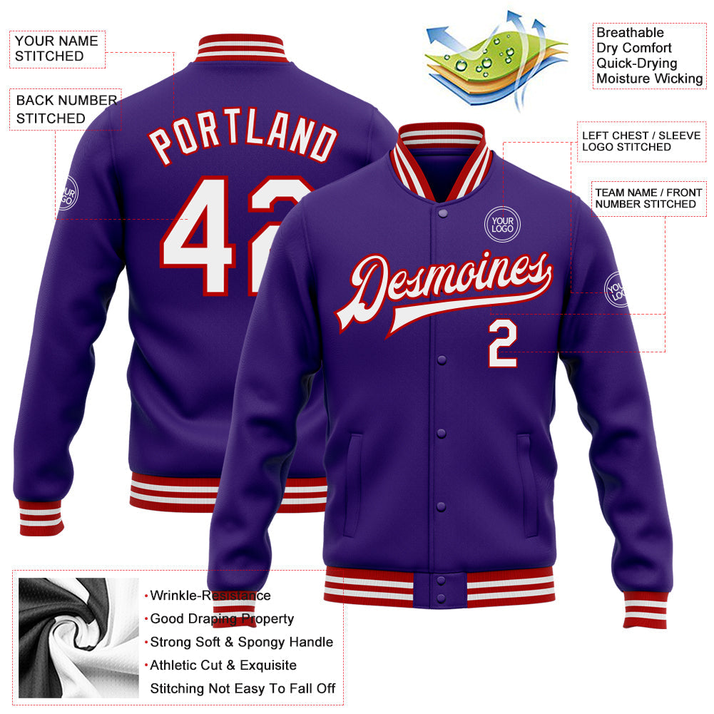 Custom Purple White-Red Bomber Full-Snap Varsity Letterman Jacket view 5