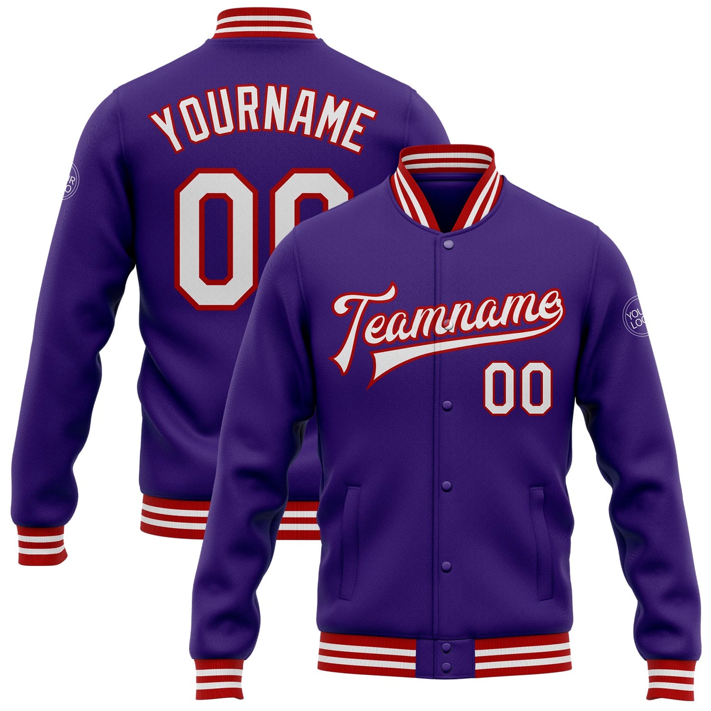 Custom Purple White-Red Bomber Full-Snap Varsity Letterman Jacket - Main View