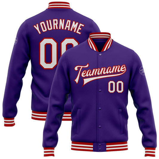 Custom Purple White-Red Bomber Full-Snap Varsity Letterman Jacket - Main View