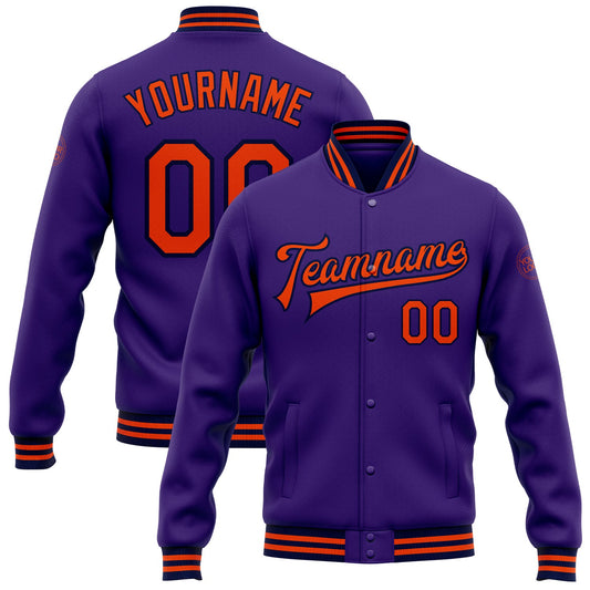 Custom Purple Orange-Navy Bomber Full-Snap Varsity Letterman Jacket - Main View