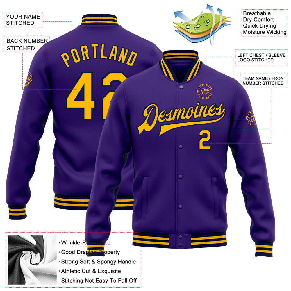 Custom Purple Gold-Navy Bomber Full-Snap Varsity Letterman Jacket view 5