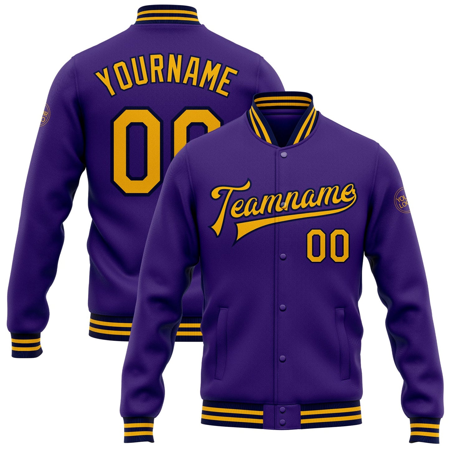 Custom Purple Gold-Navy Bomber Full-Snap Varsity Letterman Jacket - Main View
