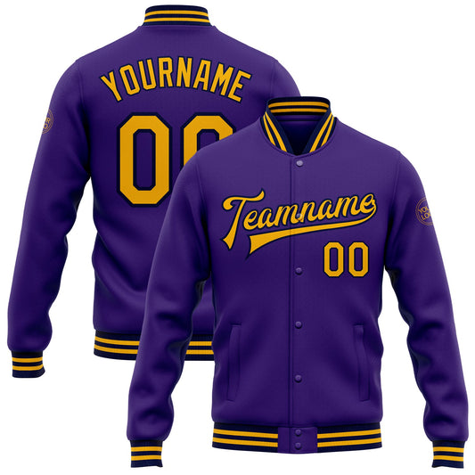 Custom Purple Gold-Navy Bomber Full-Snap Varsity Letterman Jacket - Main View