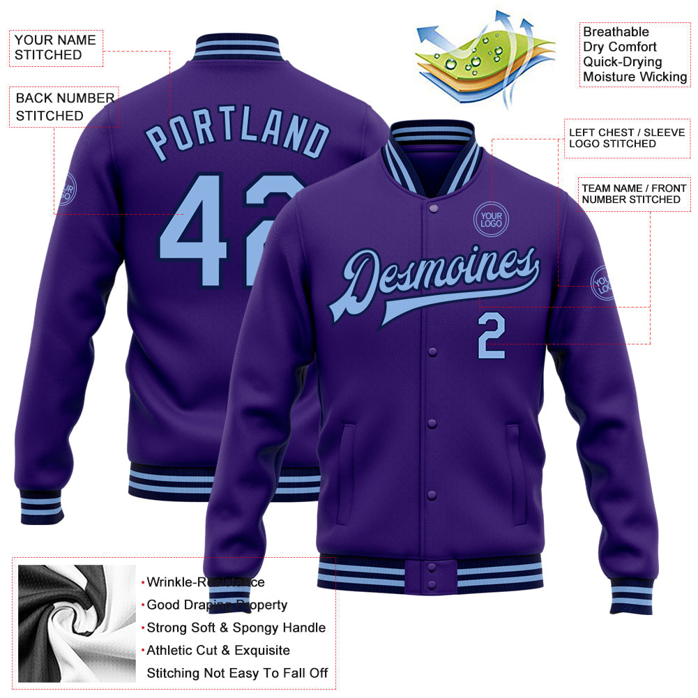 Custom Purple Light Blue-Navy Bomber Full-Snap Varsity Letterman Jacket view 5