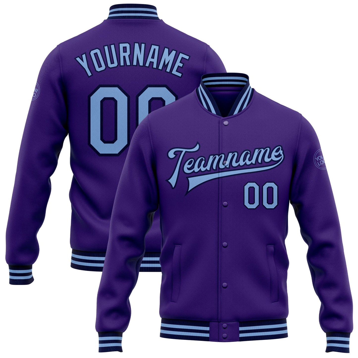 Custom Purple Light Blue-Navy Bomber Full-Snap Varsity Letterman Jacket - Main View