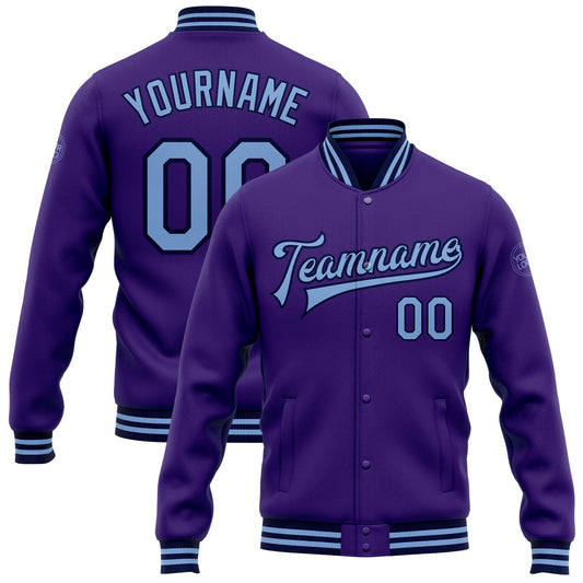 Custom Purple Light Blue-Navy Bomber Full-Snap Varsity Letterman Jacket - Main View