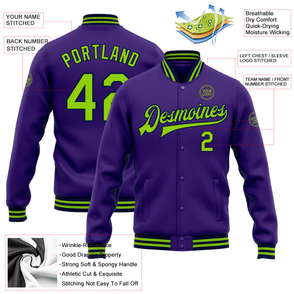 Custom Purple Neon Green-Navy Bomber Full-Snap Varsity Letterman Jacket view 5