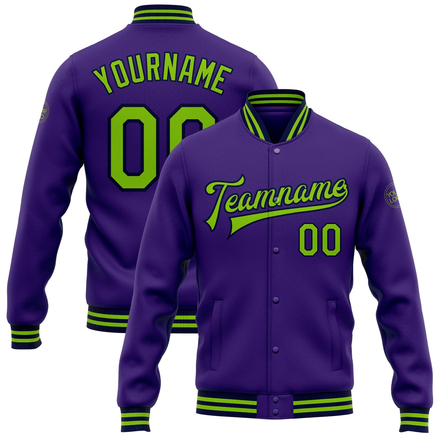 Custom Purple Neon Green-Navy Bomber Full-Snap Varsity Letterman Jacket - Main View