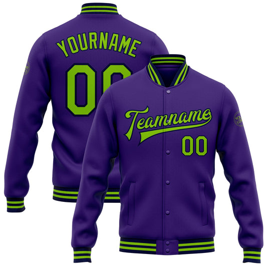 Custom Purple Neon Green-Navy Bomber Full-Snap Varsity Letterman Jacket - Main View