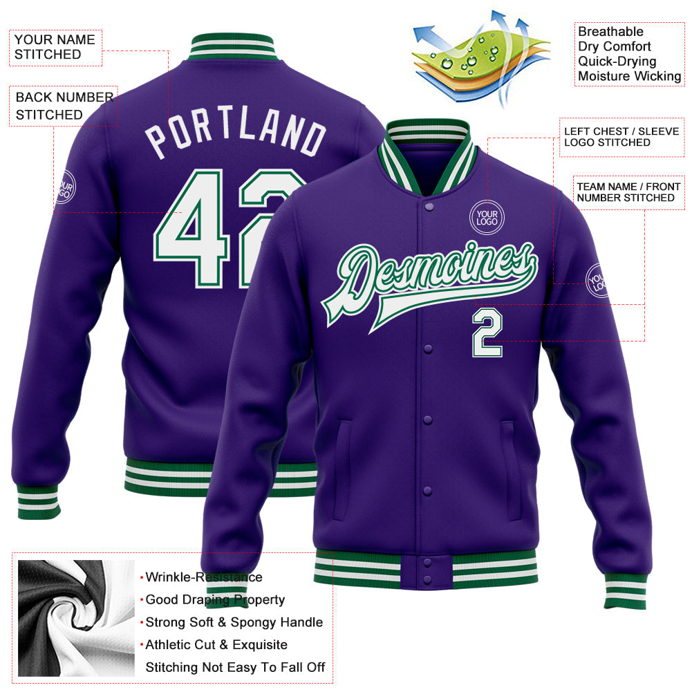 Custom Purple White-Kelly Green Bomber Full-Snap Varsity Letterman Jacket view 5