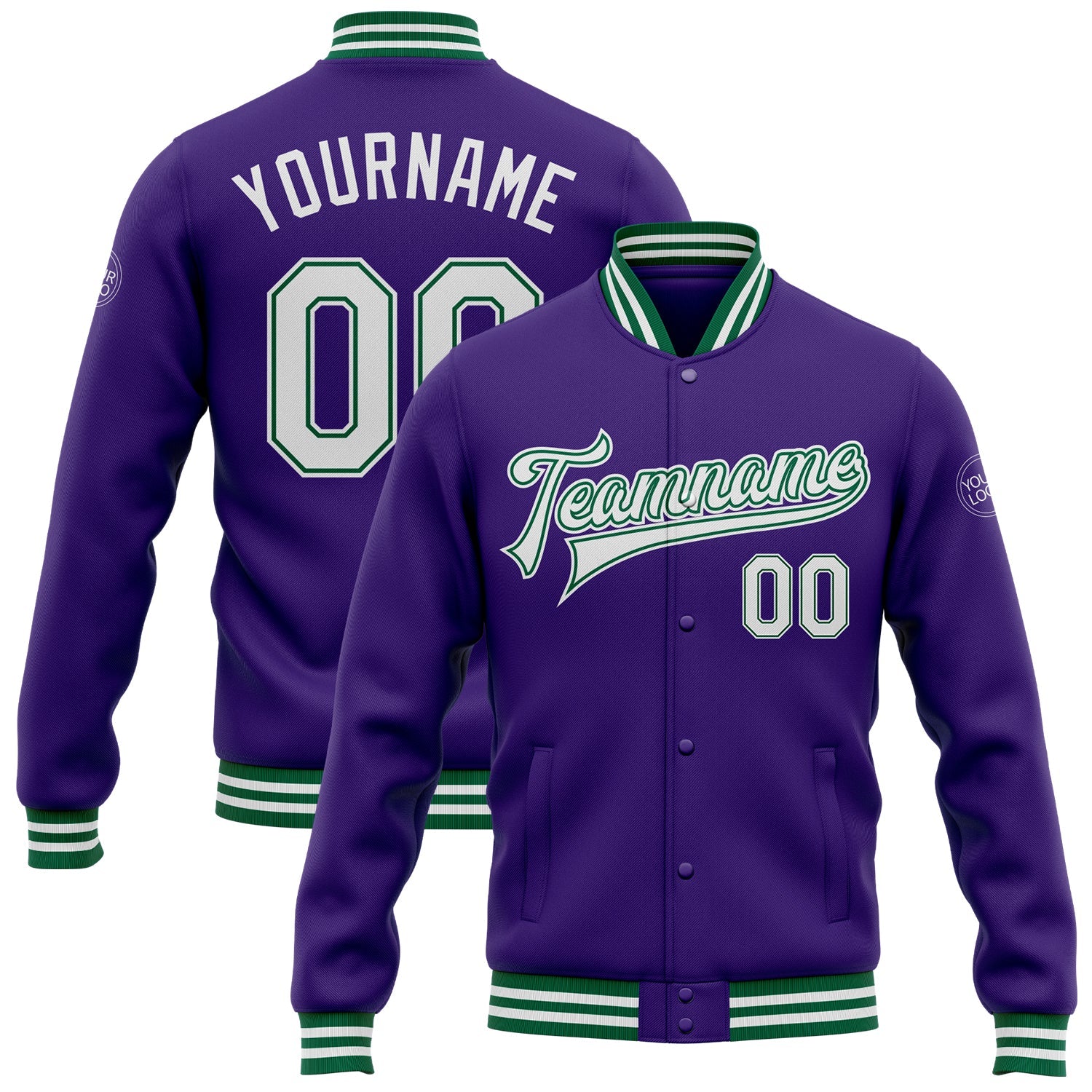 Custom Purple White-Kelly Green Bomber Full-Snap Varsity Letterman Jacket - Main View