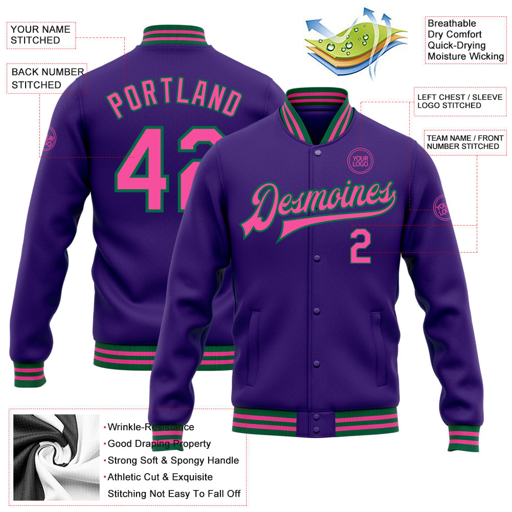Custom Purple Pink-Kelly Green Bomber Full-Snap Varsity Letterman Jacket view 5