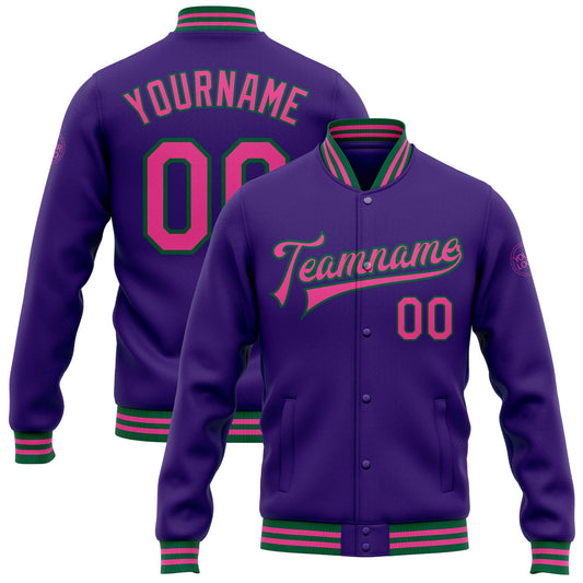 Custom Purple Pink-Kelly Green Bomber Full-Snap Varsity Letterman Jacket - Main View