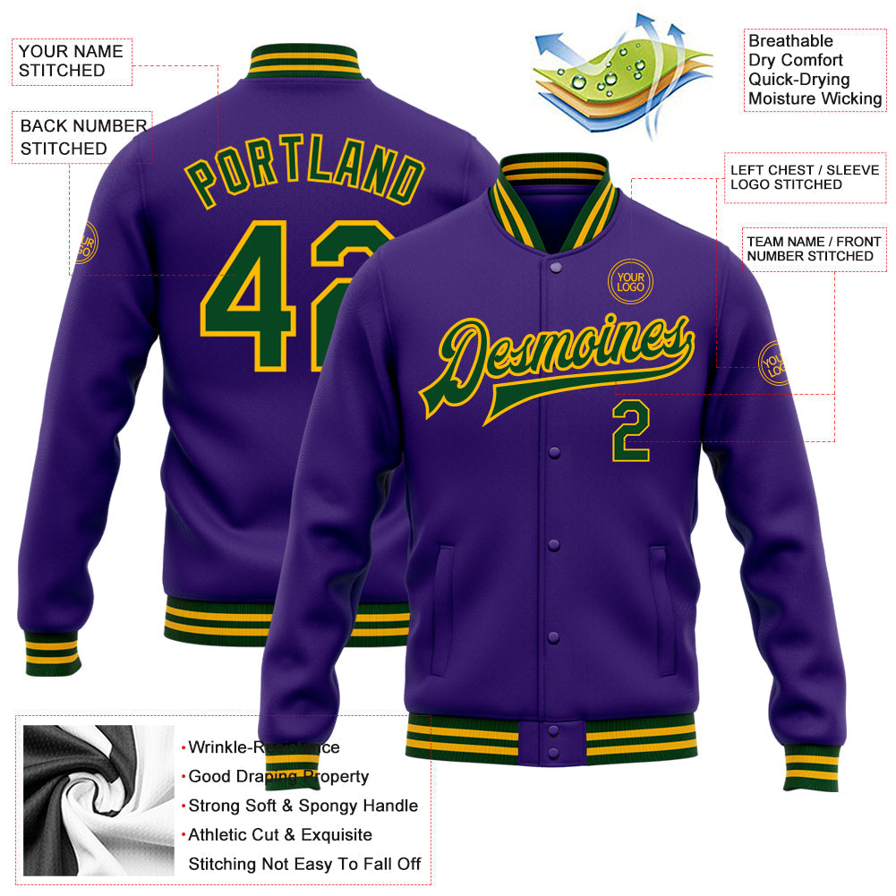 Custom Purple Green-Gold Bomber Full-Snap Varsity Letterman Jacket view 5