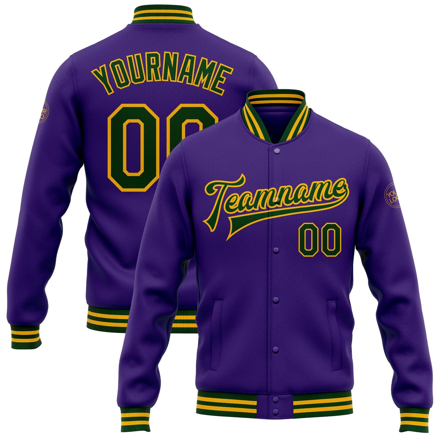 Custom Purple Green-Gold Bomber Full-Snap Varsity Letterman Jacket - Main View