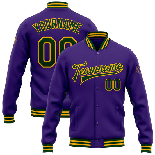 Custom Purple Green-Gold Bomber Full-Snap Varsity Letterman Jacket - Main View