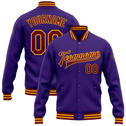 Custom Purple Crimson-Gold Bomber Full-Snap Varsity Letterman Jacket - Main View