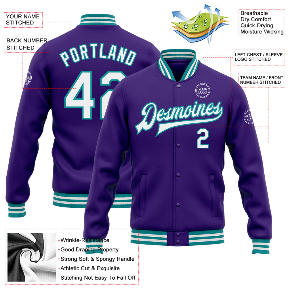 Custom Purple White-Teal Bomber Full-Snap Varsity Letterman Jacket view 5