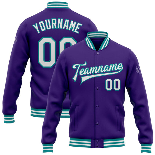 Custom Purple White-Teal Bomber Full-Snap Varsity Letterman Jacket - Main View