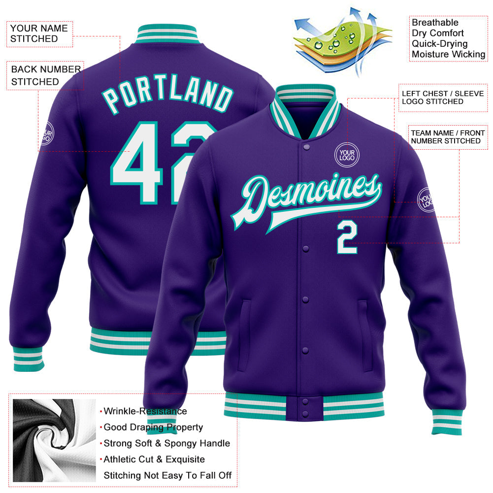 Custom Purple White-Aqua Bomber Full-Snap Varsity Letterman Jacket view 5