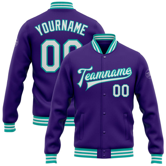 Custom Purple White-Aqua Bomber Full-Snap Varsity Letterman Jacket - Main View