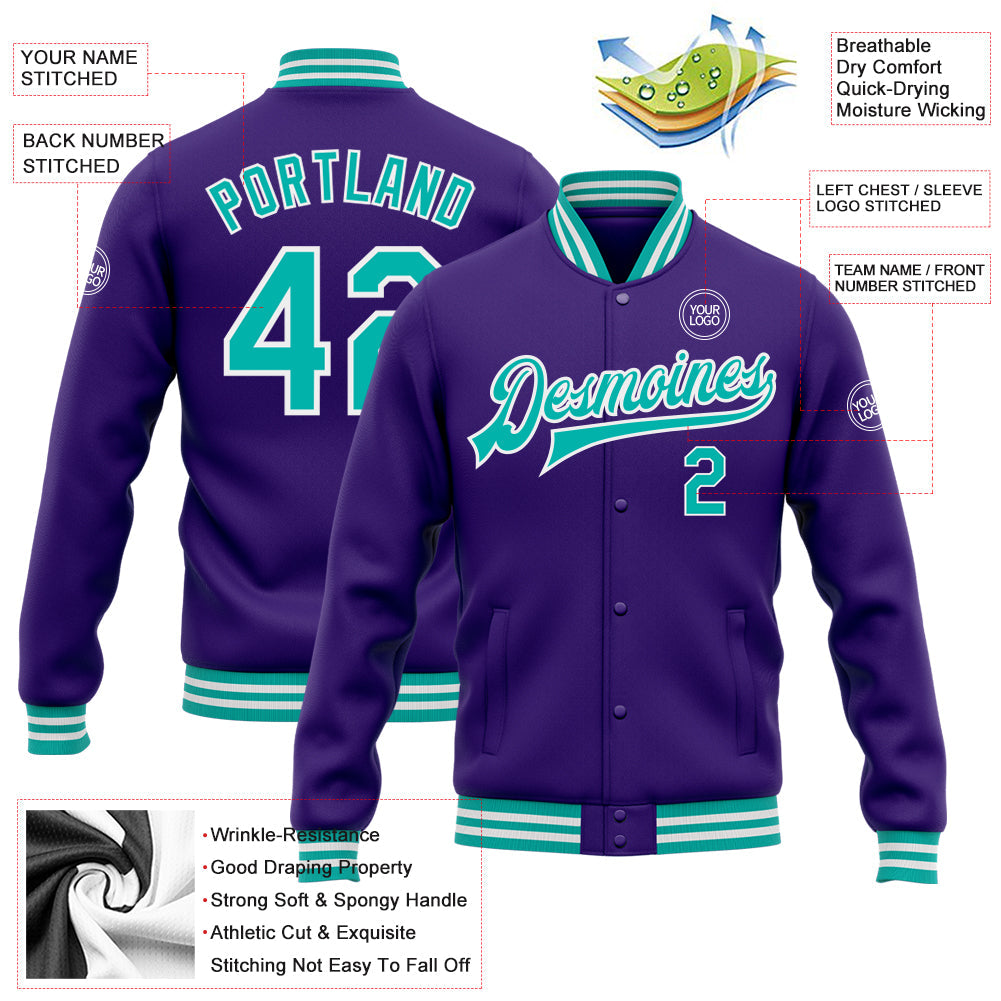 Custom Purple Aqua-White Bomber Full-Snap Varsity Letterman Jacket view 5