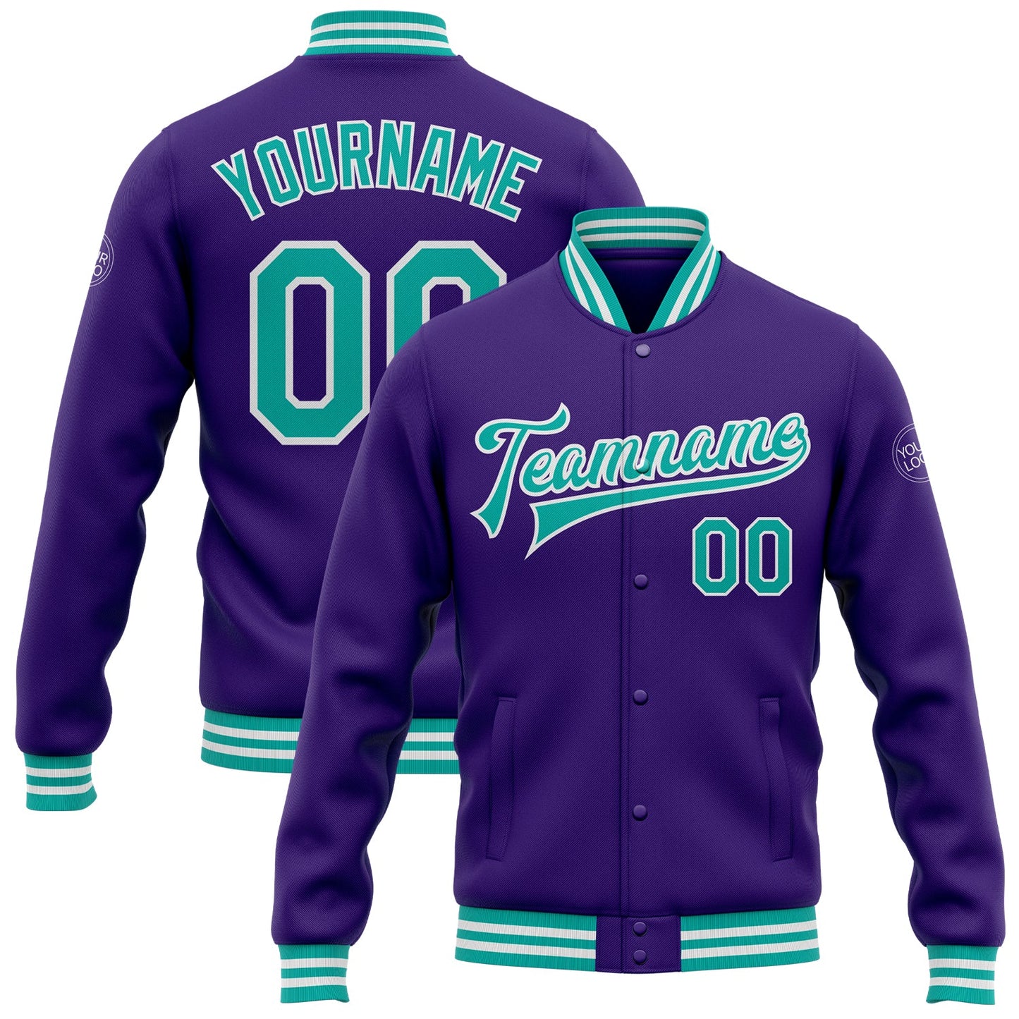 Custom Purple Aqua-White Bomber Full-Snap Varsity Letterman Jacket - Main View