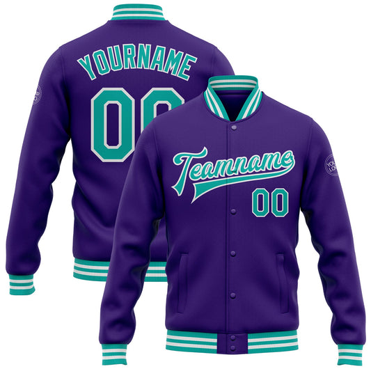 Custom Purple Aqua-White Bomber Full-Snap Varsity Letterman Jacket - Main View