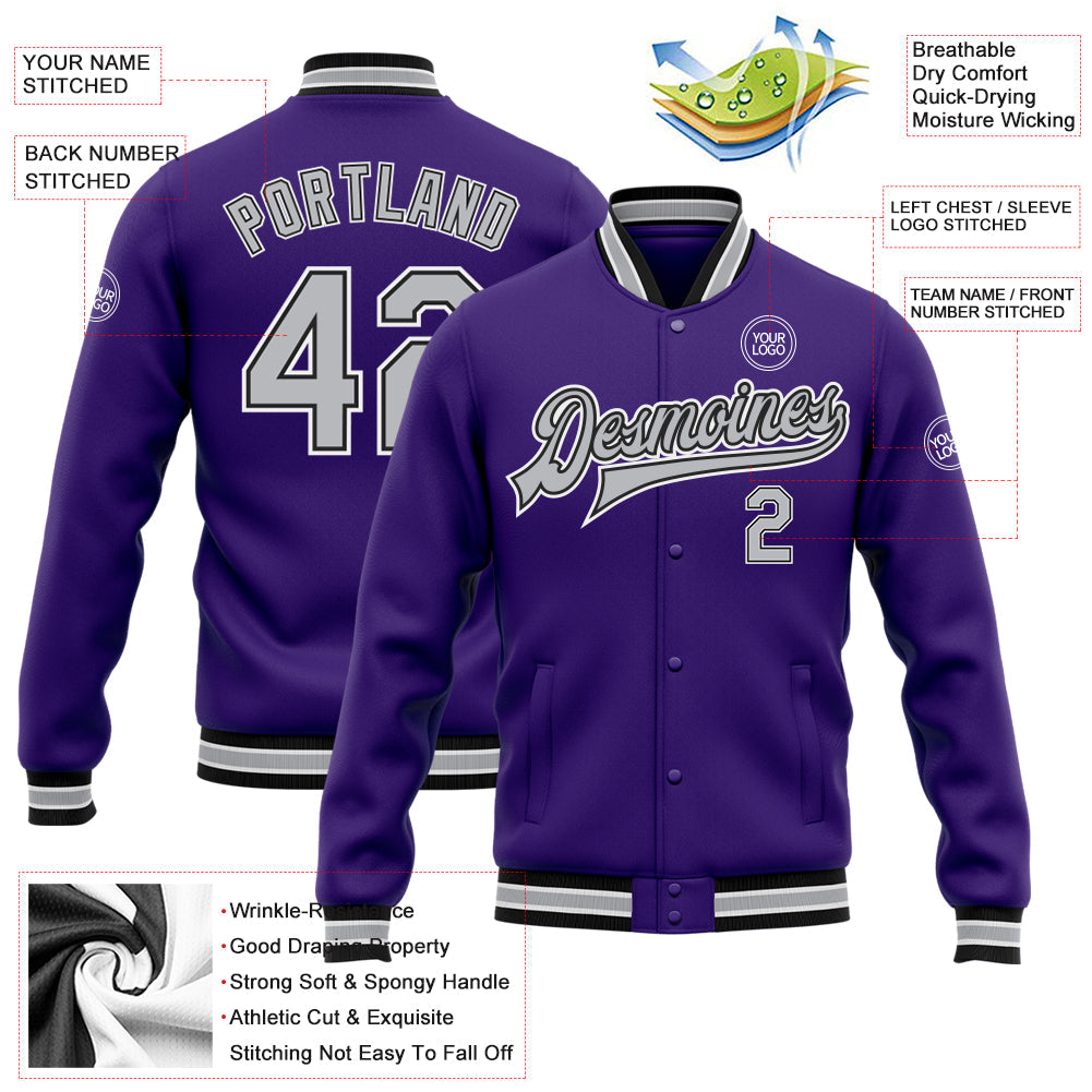 Custom Purple Gray-Black Bomber Full-Snap Varsity Letterman Jacket view 5