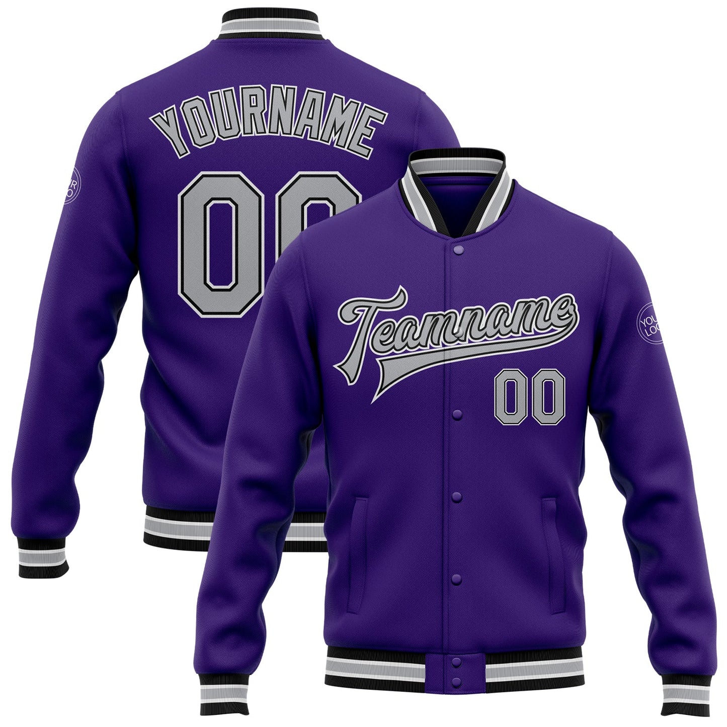 Custom Purple Gray-Black Bomber Full-Snap Varsity Letterman Jacket - Main View