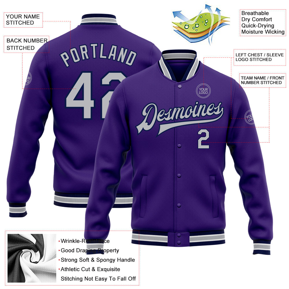 Custom Purple Gray-Navy Bomber Full-Snap Varsity Letterman Jacket view 5