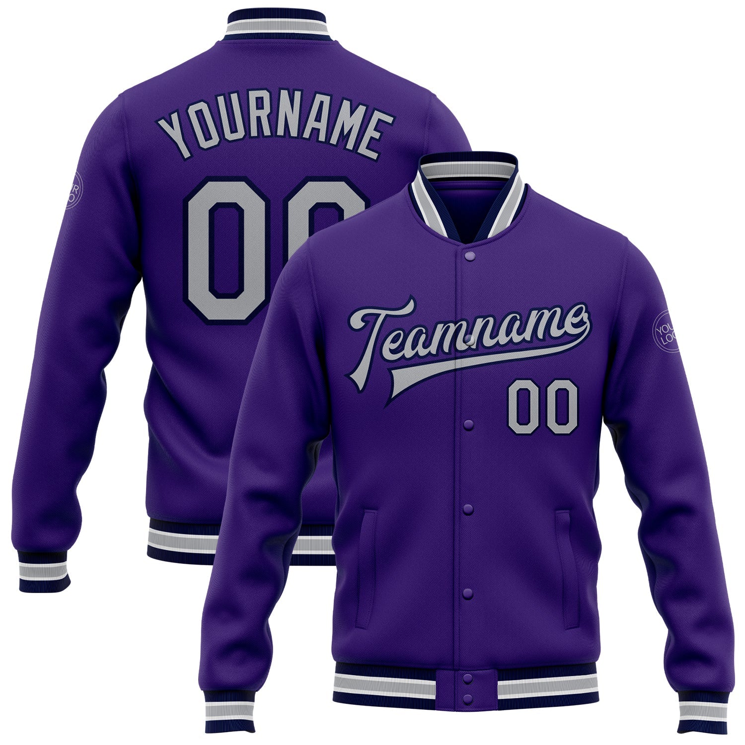 Custom Purple Gray-Navy Bomber Full-Snap Varsity Letterman Jacket - Main View