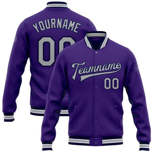 Custom Purple Gray-Navy Bomber Full-Snap Varsity Letterman Jacket - Main View