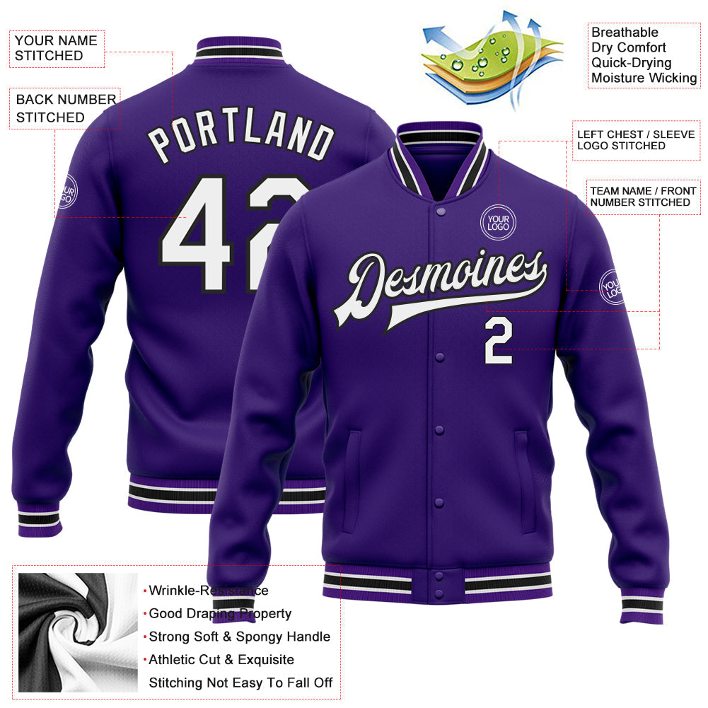 Custom Purple White-Black Bomber Full-Snap Varsity Letterman Jacket view 5