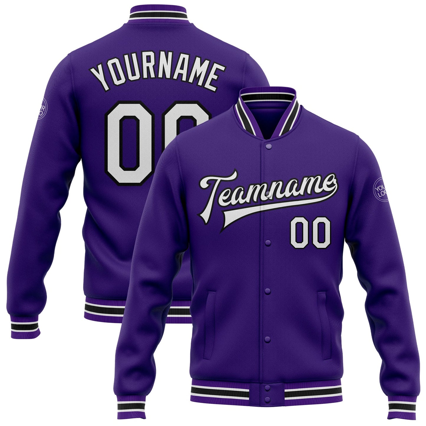 Custom Purple White-Black Bomber Full-Snap Varsity Letterman Jacket - Main View
